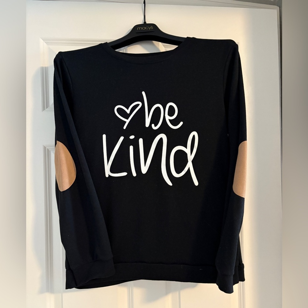 Black 'Be Kind' Long Sleeve Shirt with Tan Elbow Patches